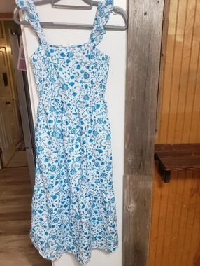Draper James 100% Cotton Long  XS Ruffle Sleeveless Sundress Blue/white
